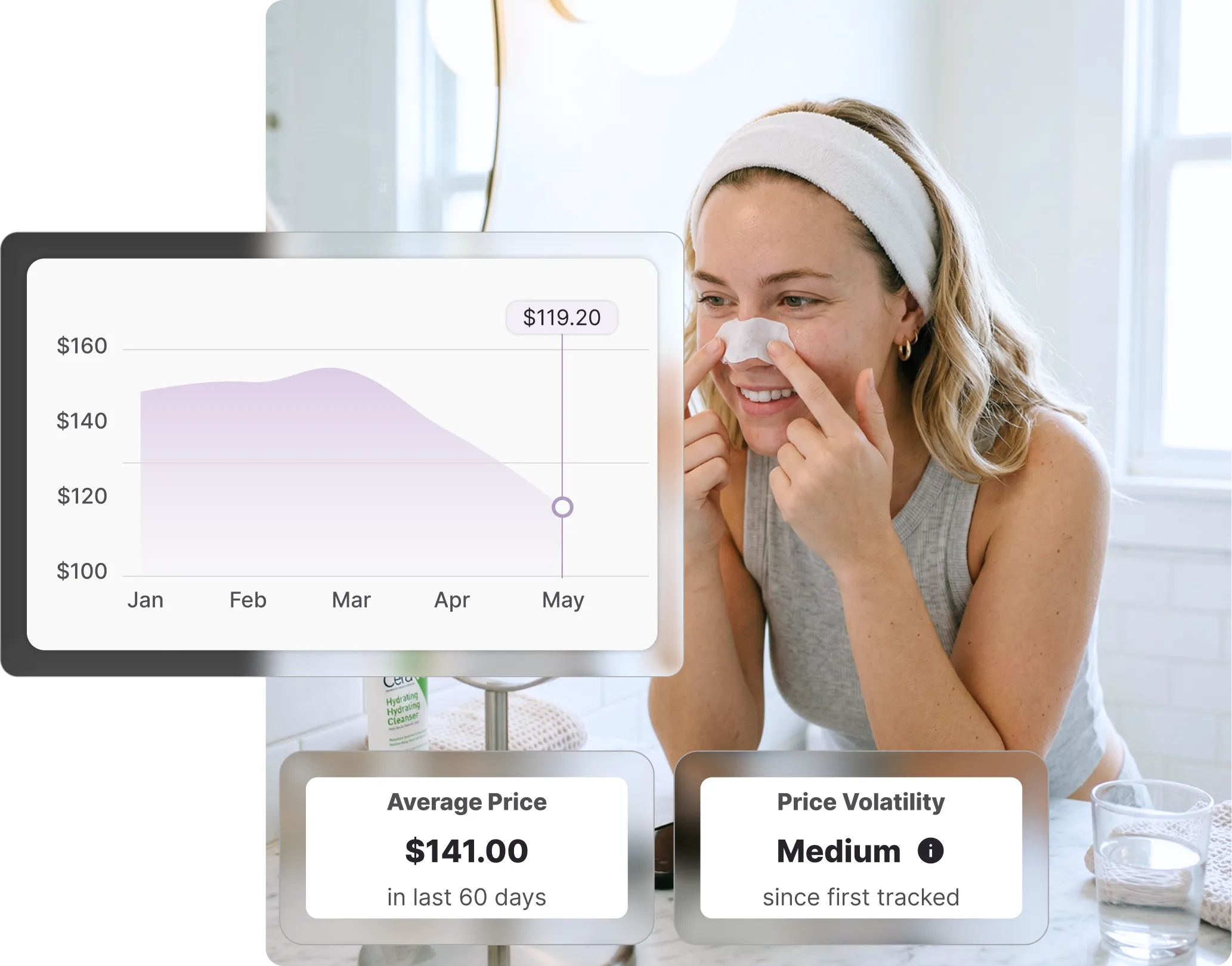 Woman applying skincare in a bathroom, with a Whisprice price history chart showing a YesStyle product dropped to $119.20 against a 60-day average of $141.