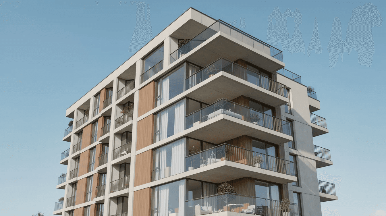 The image shows a modern residential apartment building featuring several balconies, set against a clear blue sky. This architectural structure represents a type of investment property that can provide tax benefits through depreciation deductions for property owners.