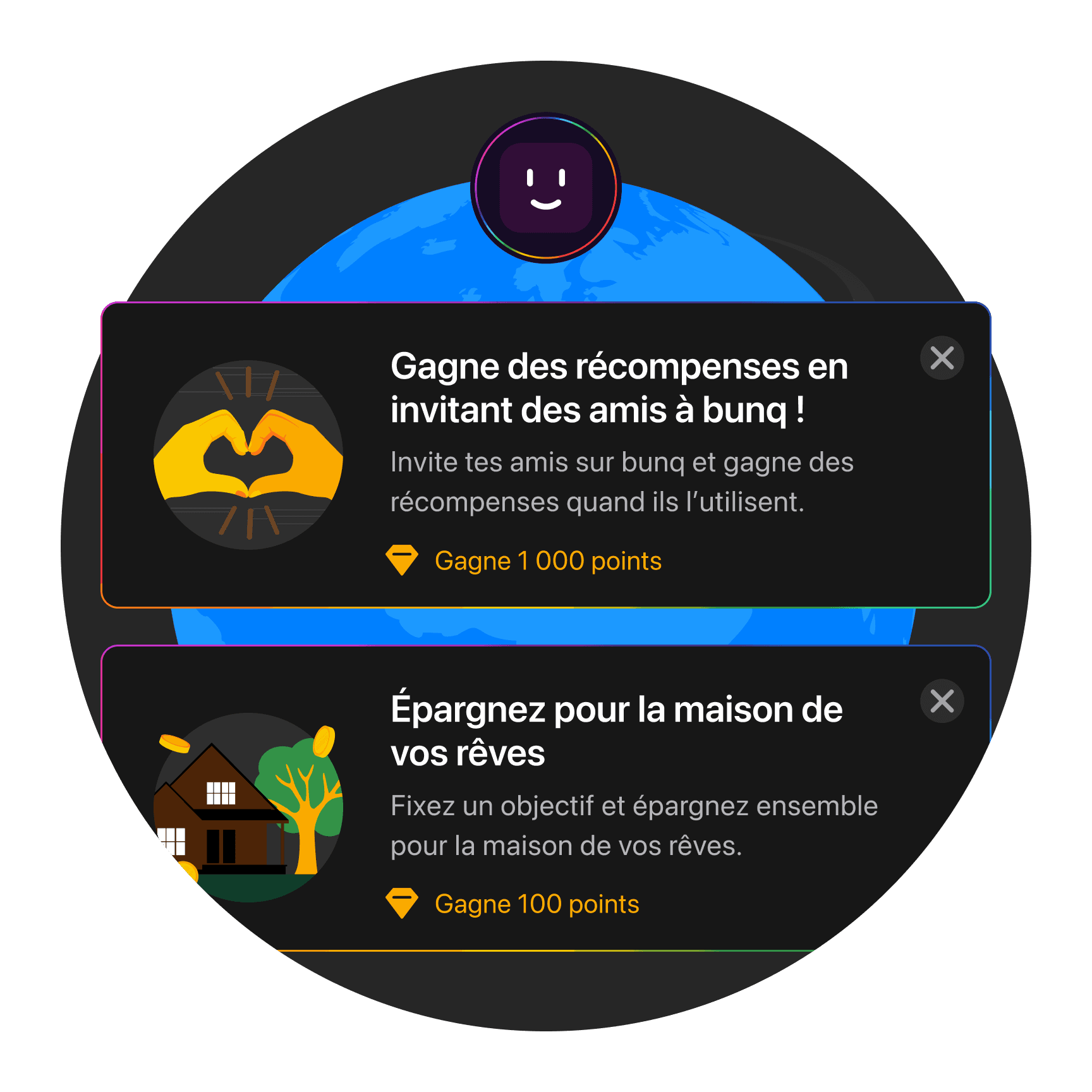 Image shows two circular icons with texts about earning rewards by tracking habits and completing tasks.
