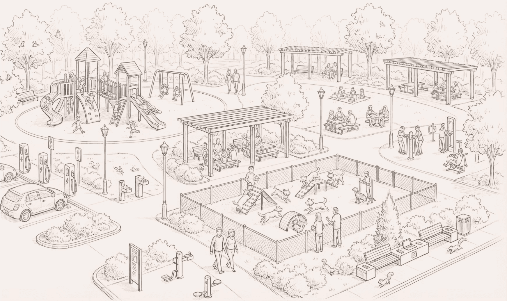 Illustrasjon av grønt nabolag ved HasleHaven med lekeplass, sitteområder og hundepark