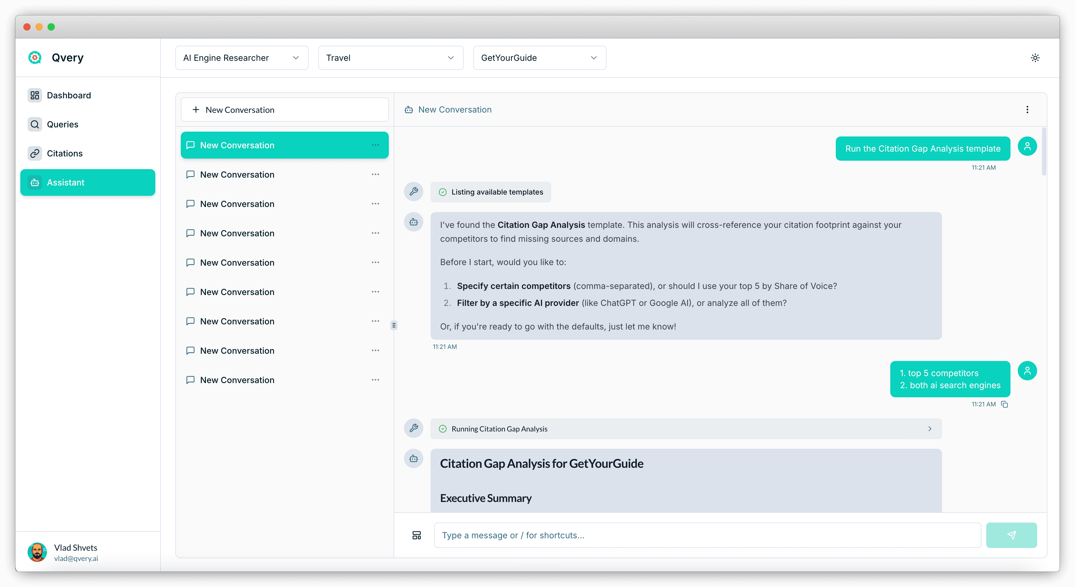 Qvery Assistant chat showing the Citation Gap Analysis template being run for GetYourGuide. The Assistant offers configuration options ("specify competitors comma-separated, or use top 5 by Share of Voice; filter by a specific AI provider like ChatGPT or Google AI, or analyze all of them"). User selects top 5 competitors and both AI search engines. The Citation Gap Analysis for GetYourGuide report begins generating with an Executive Summary panel.