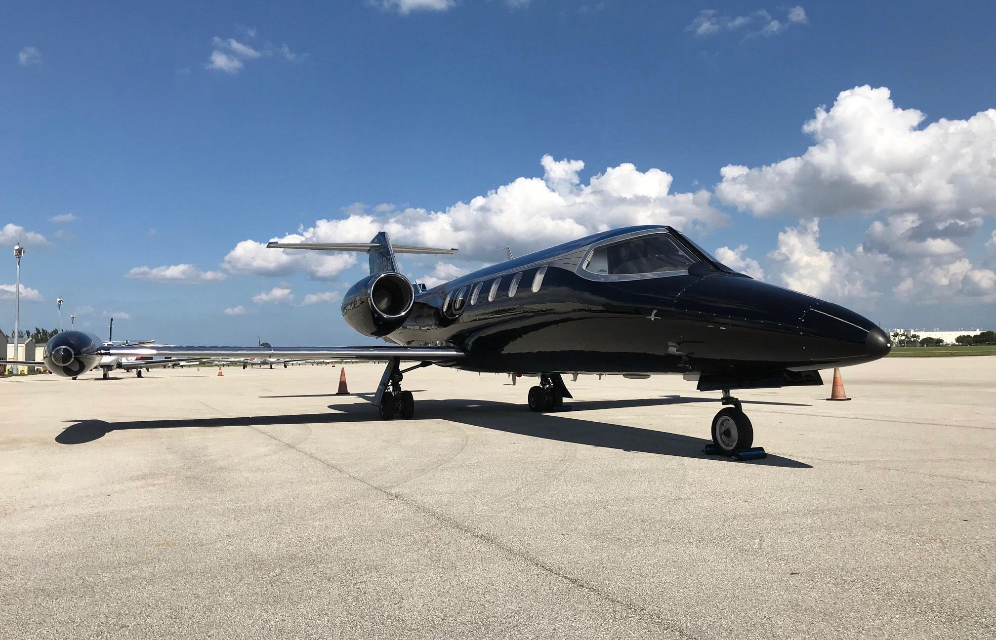 The Learjet 35A is a twin-engine business jet produced by Learjet, a subsidiary of Bombardier Aerospace.      The aircraft has a maximum range of approximately 2,056 nautical miles (3,808 km) and a maximum cruising speed of Mach 0.81.      It can accommodate up to eight passengers and has a typical cruising altitude of 45,000 feet.      The Learjet 35A is equipped with two Honeywell TFE731-2-2B turbofan engines and has a take off distance of 4,972 feet (1,515 m) at sea level.      It first flew in 1973 and production ended in 1994, with a total of 738 aircraft built.