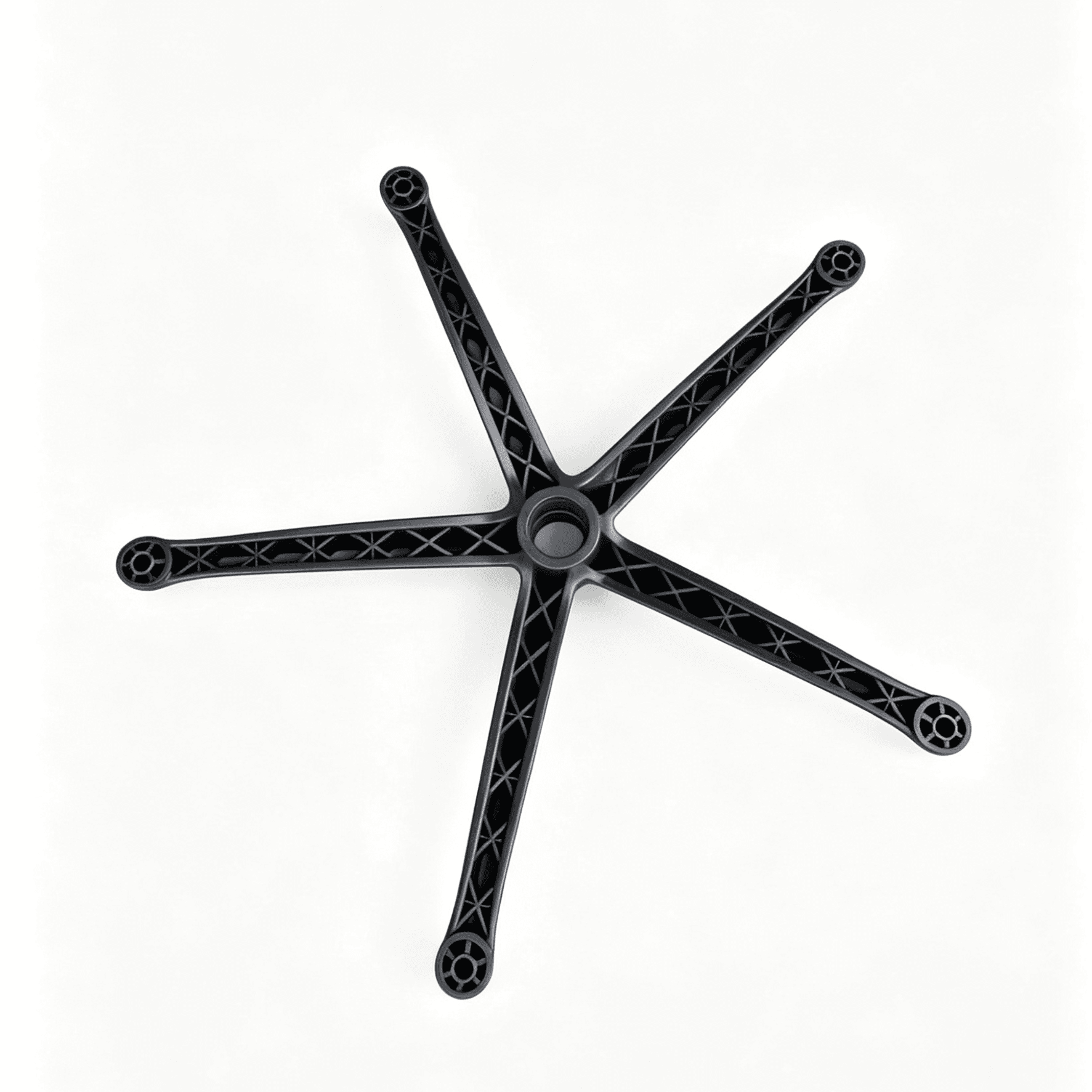 Industrial-grade plastic swivel chair base frame seen from below, highlighting the cross-hatched reinforcement architecture for superior weight distribution and durable sockets designed for standard office chair wheel attachment.