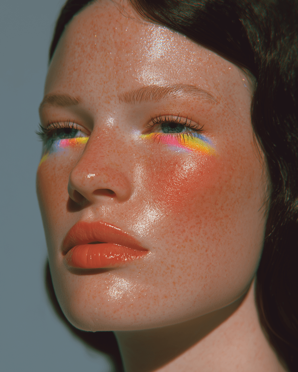 Moody portrait of a woman with straight dark hair and bangs leaning against a turquoise and pink wall, illuminated by soft natural light.
