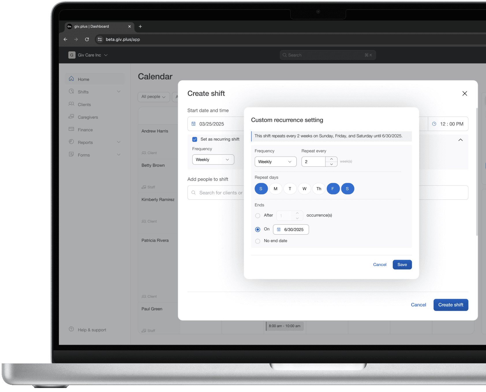 Creating a recurring shift on a computer.