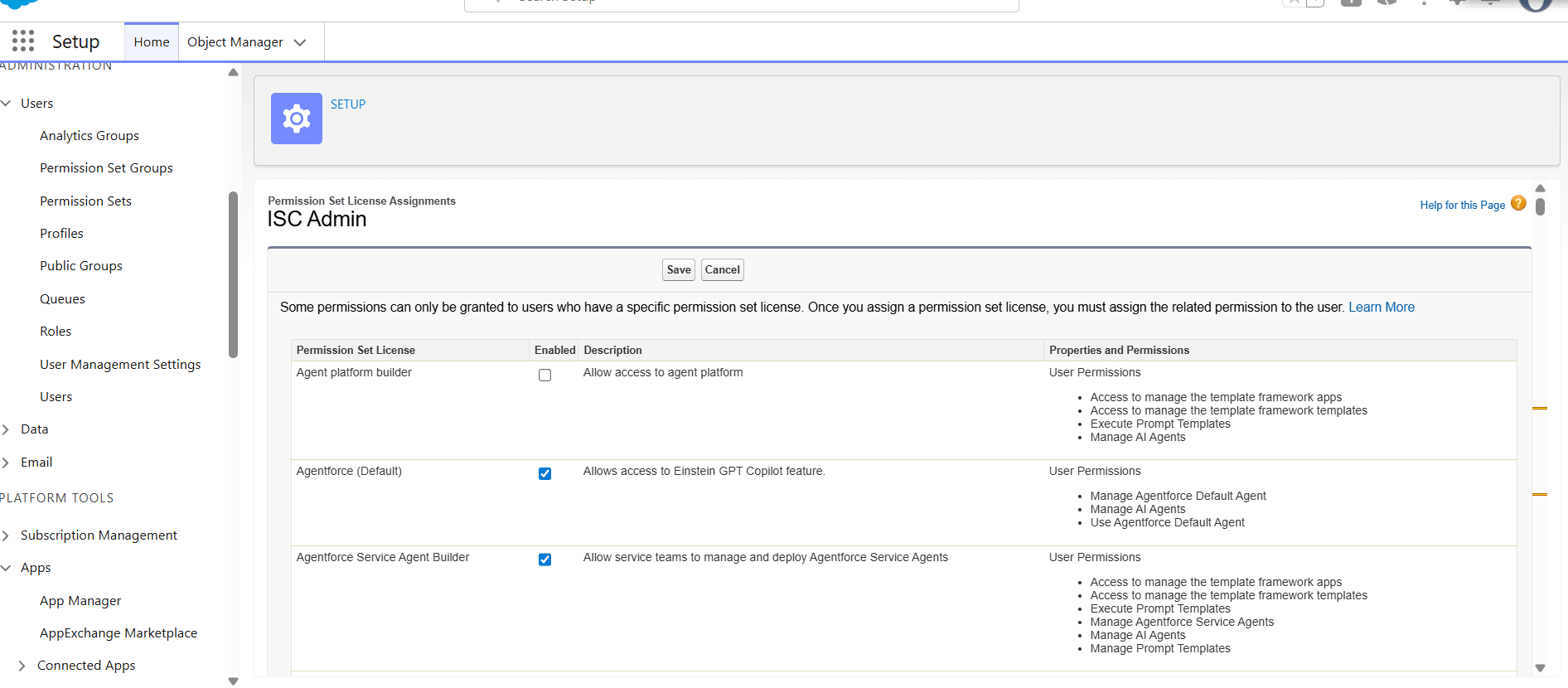 Salesforce Permission Set License Assignments page showing enabled and available licenses for the ISC Admin user.