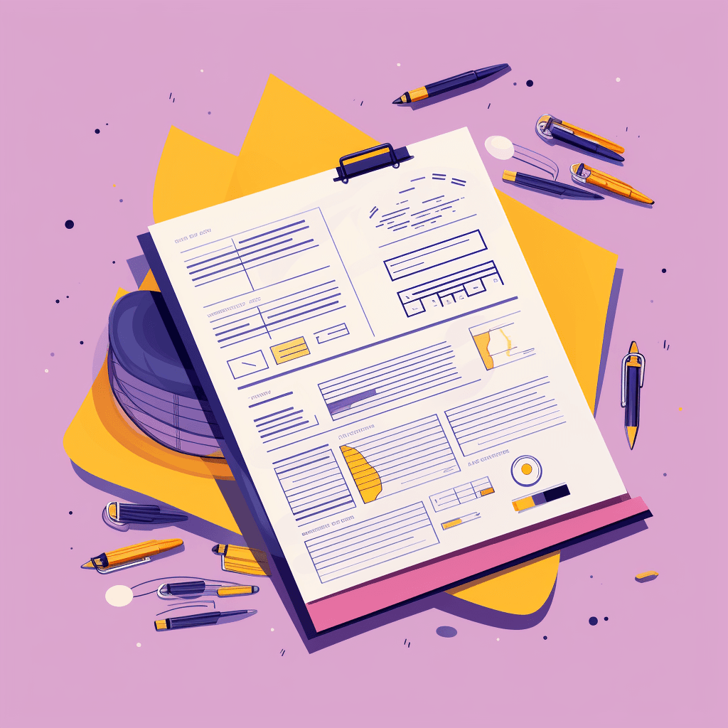 An abstract document containing text and graphs surrounded by pens and pencils.