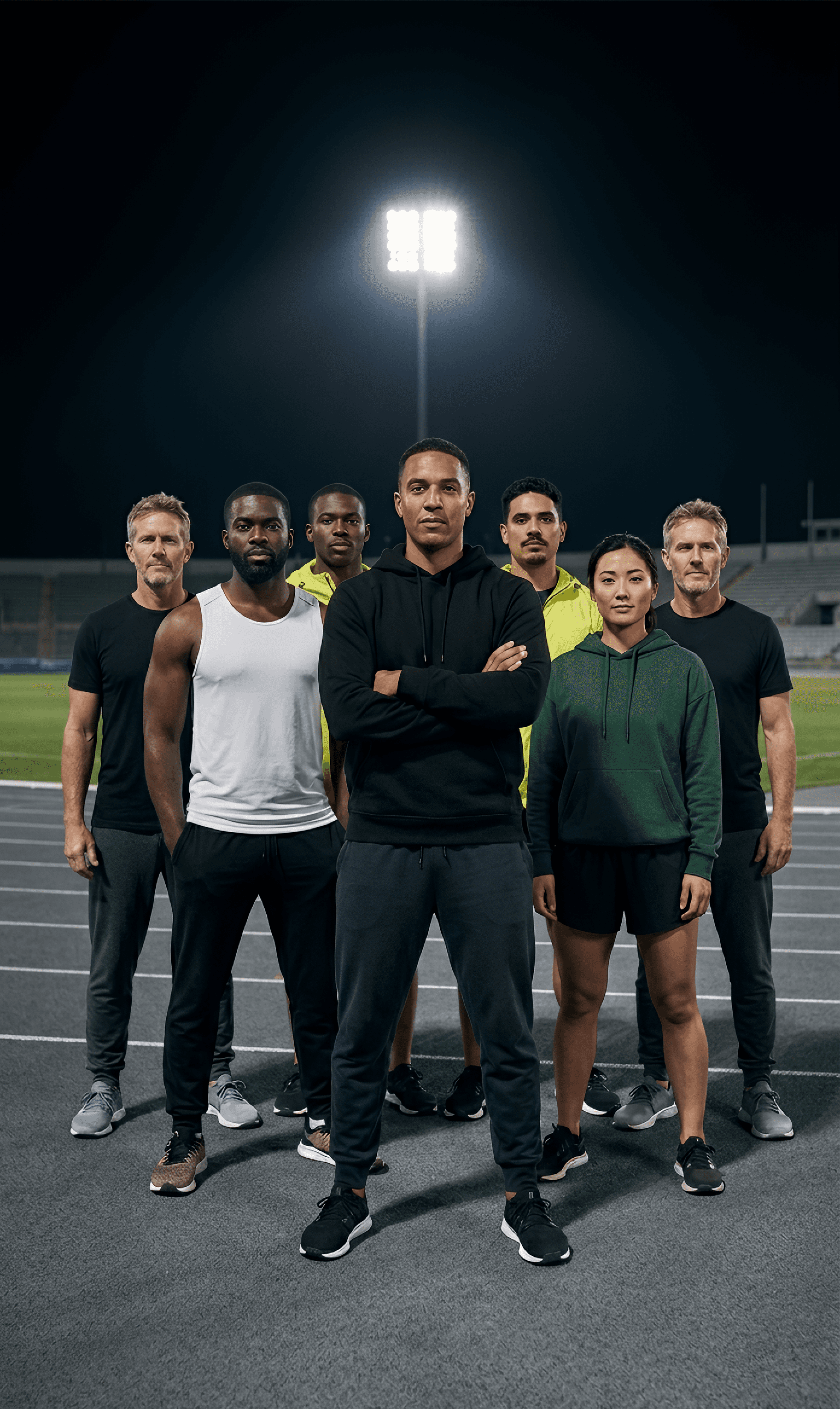Group of diverse athletes standing on a track at night under bright lights.