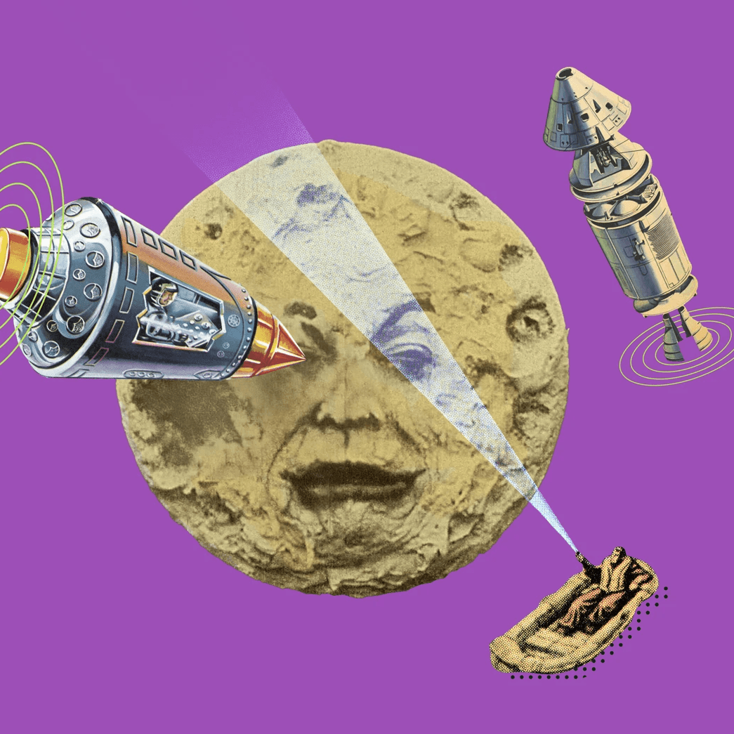 Nave espacial hacia la Luna con rostro humano sobre fondo morado.