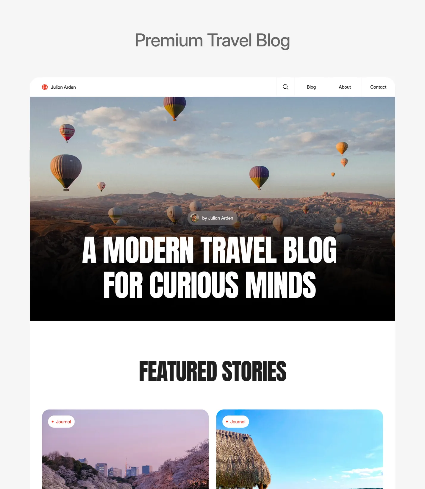 Travel blog website template homepage preview with content driven layout