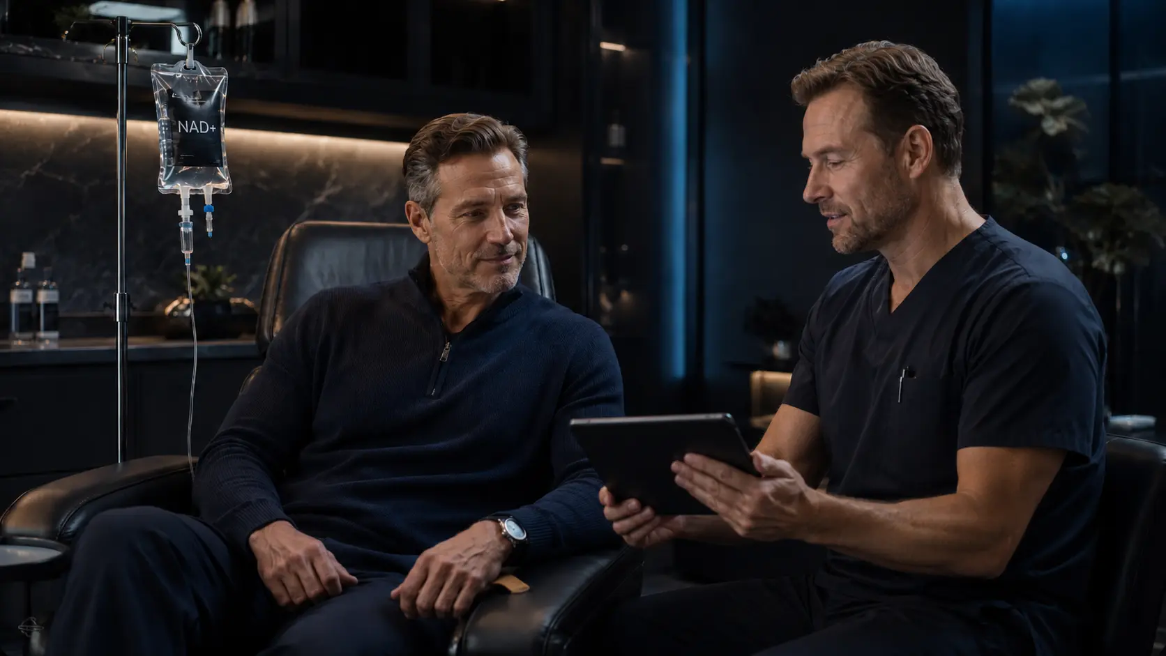 Two men in conversation in a dark lounge with an IV stand and a tablet