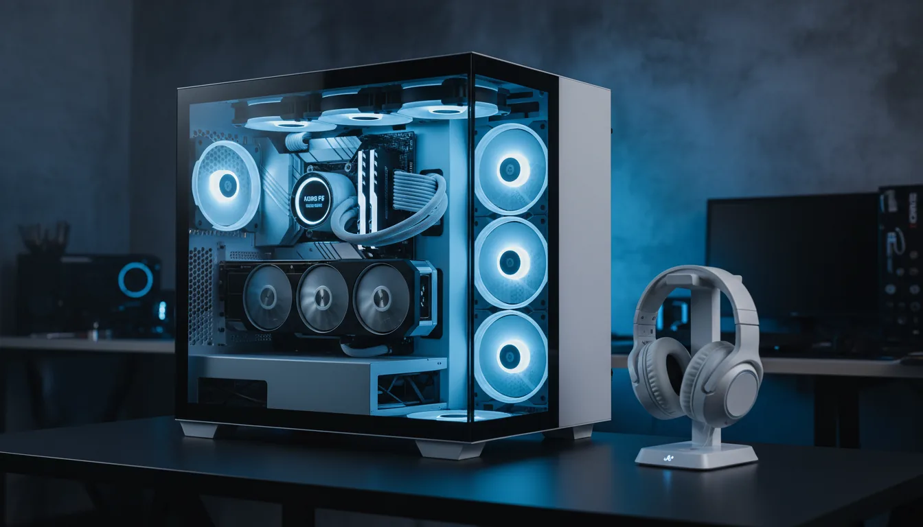 DSLR product photography of a modern, high-end custom PC build for Adobe Photoshop, showcased in a minimalist white case with a panoramic tempered glass side panel. The PC sits on a dark desk, with its internal components like cooling fans, a graphics card, and a liquid CPU cooler clearly visible. To the right, a sleek white wireless gaming headset rests on its matching charging dock. The scene is lit with cinematic contrast and dramatic studio lighting, with a deep blue light glowing against the wall in the background, creating cool reflections on the glass. The focus is tack-sharp on the PC and headset, with a shallow depth of field creating a soft bokeh background of a tech workshop.