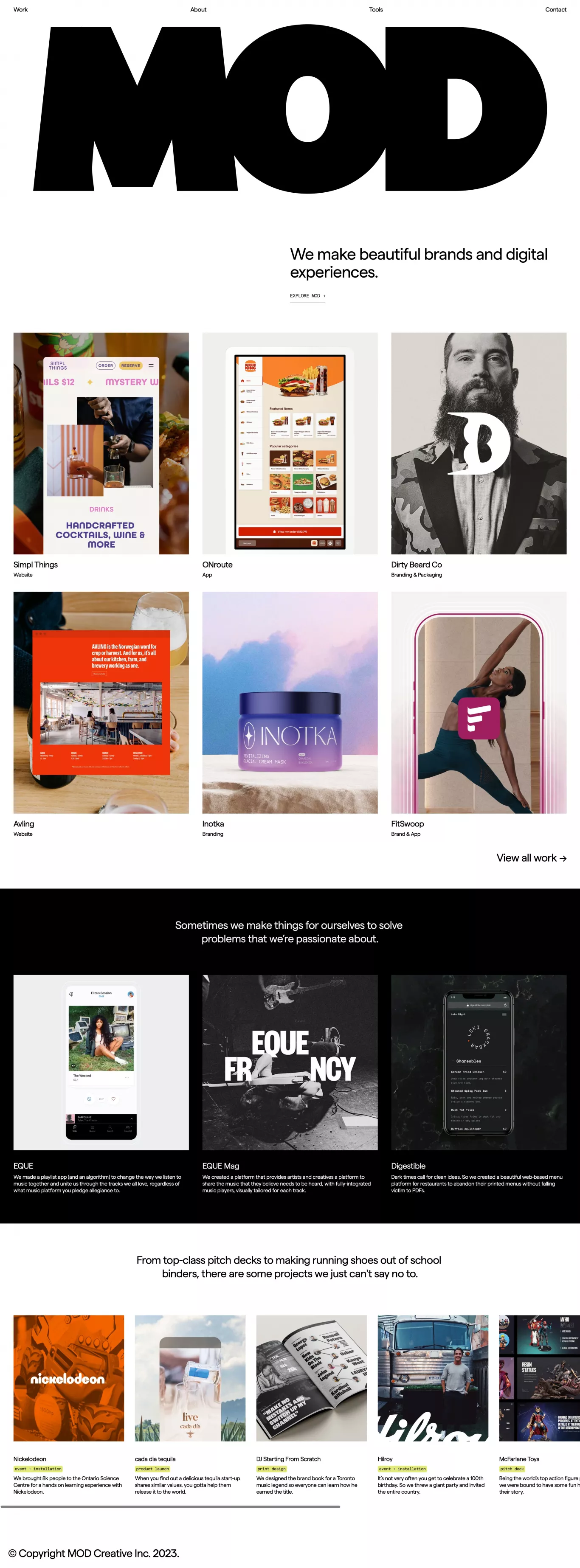 MOD portfolio page screenshot showcasing Design and Tech design