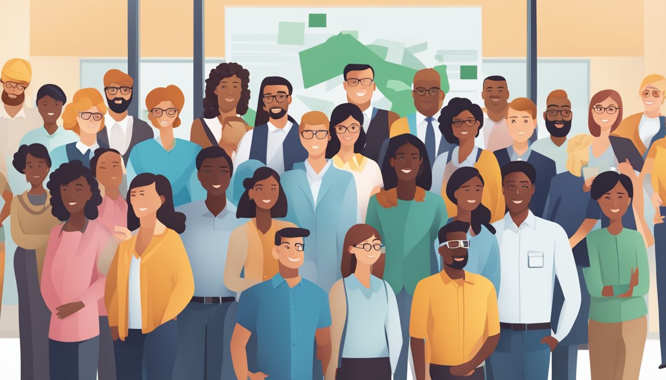 Diese Zeichnung verdeutlicht, wie ein Equal Opportunity Employer durch faire Rekrutierungspraktiken Menschen aus verschiedenen Lebenswegen zusammenbringt.