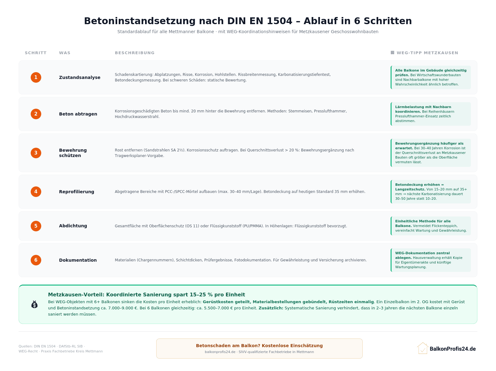 Infografik: Betoninstandsetzung nach DIN EN 1504 in 6 Schritten mit WEG-Koordinationshinweisen für Metzkausener Geschosswohnbauten – alle Balkone gleichzeitig prüfen, Lärmbelastung koordinieren, Betondeckung auf 35 mm erhöhen, einheitliche Abdichtung, zentrale WEG-Dokumentation. Spartipp: 15–25 % Kostenersparnis bei 6er-Bündelung.