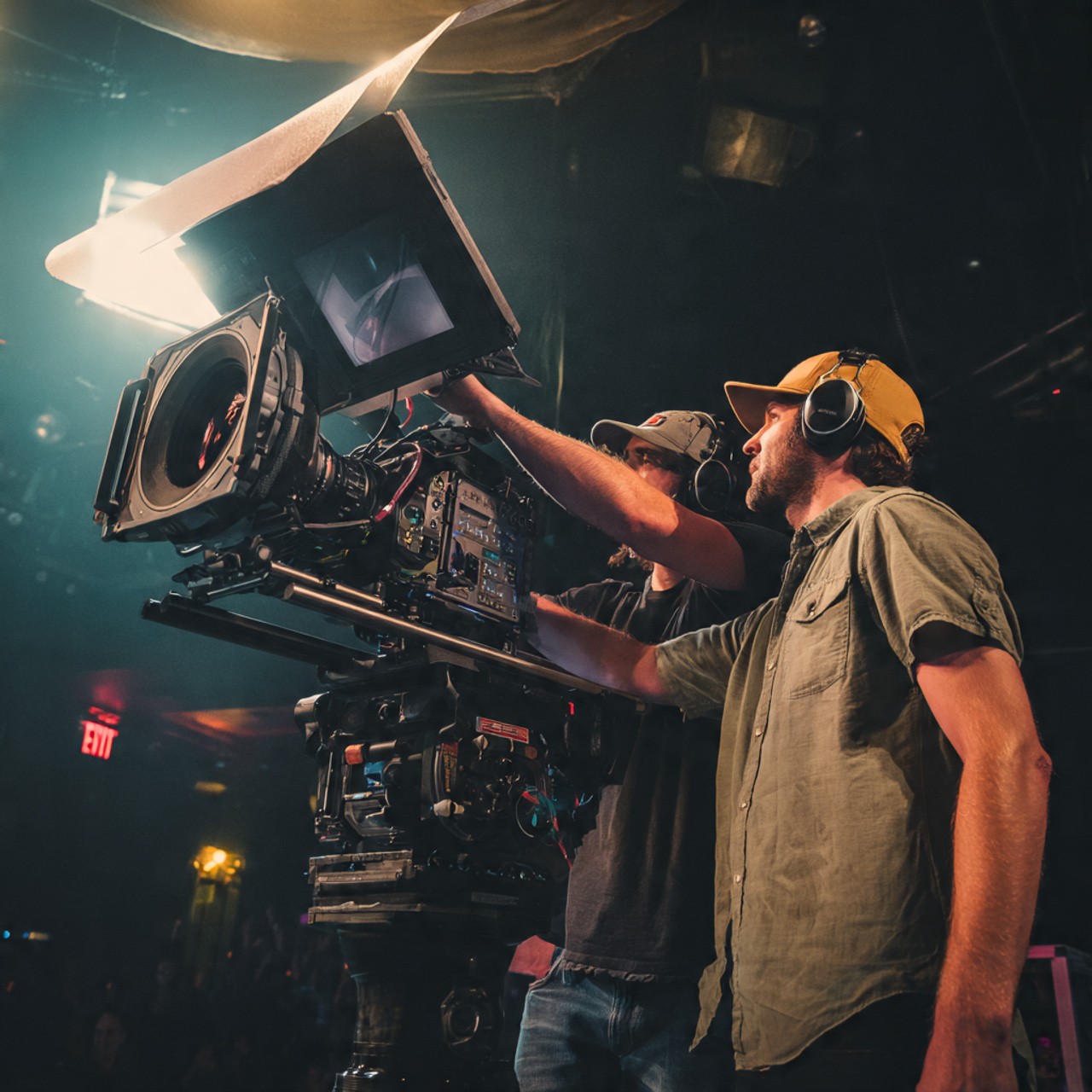 Two filmmakers operate a large camera in a dimly lit studio, wearing headphones and focused intently on the screen, conveying concentration.
