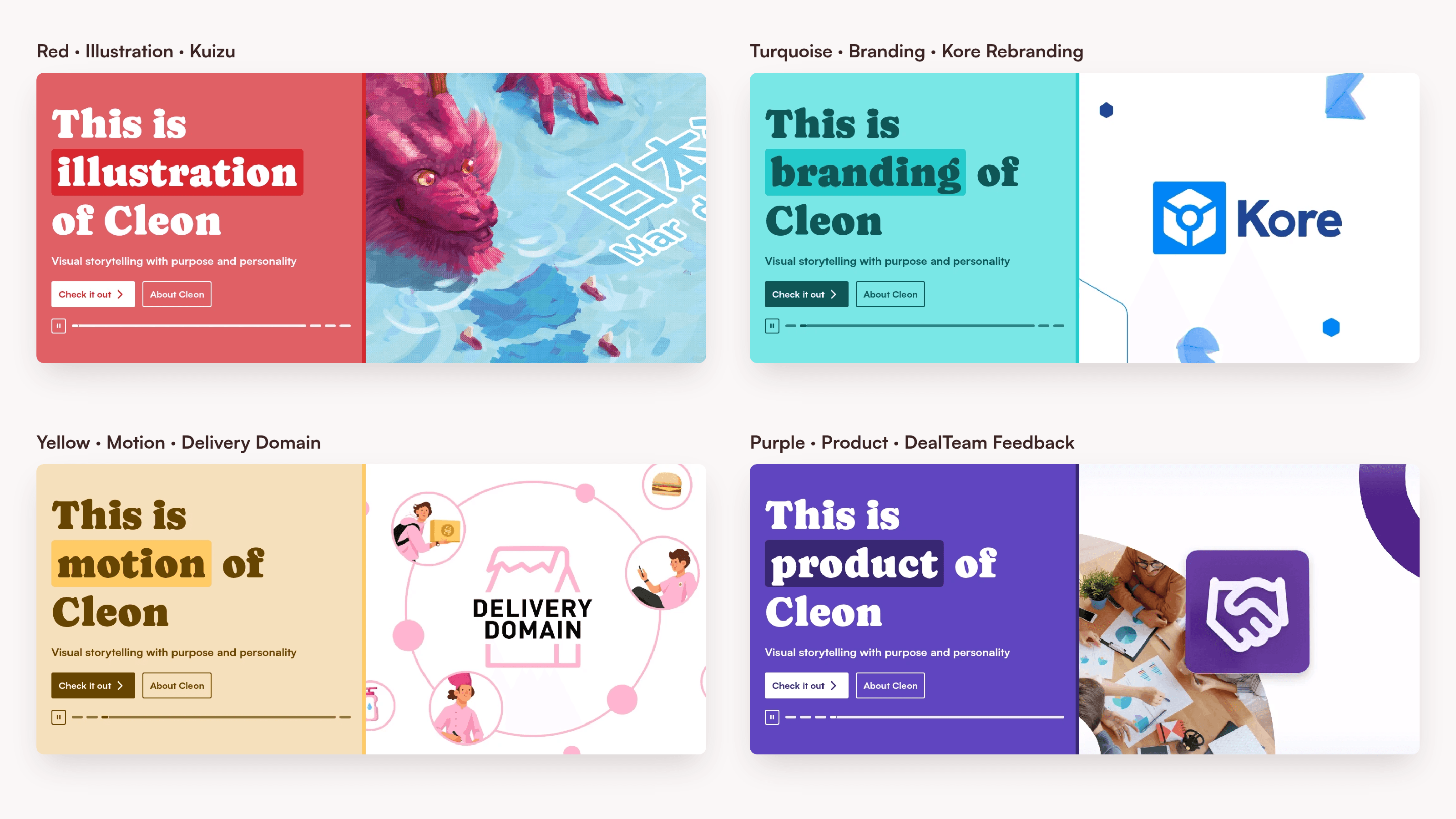 The same four-slide homepage carousel shown at each position in rounded shadowed cards, labelled above in Satoshi: Kuizu in red first, Kore Rebranding in turquoise second, Delivery Domain in yellow third, and DealTeam Feedback in purple fourth.