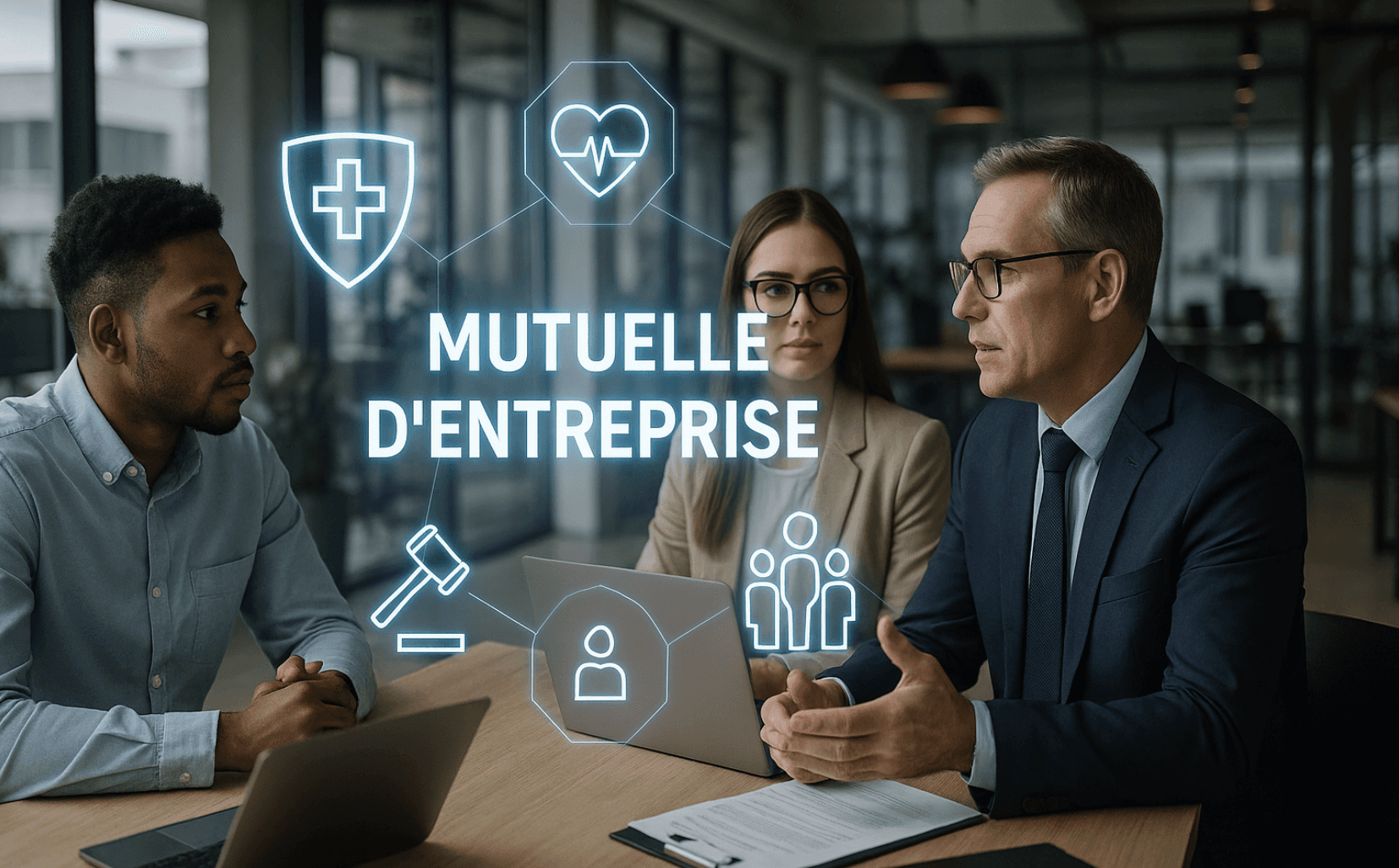 Trois professionnels en discussion dans un open space moderne illustrant la mutuelle d’entreprise. L’image montre un employeur et deux salariés échangeant sur les droits et obligations liés à la complémentaire santé, avec des icônes futuristes de santé, justice et protection sociale.