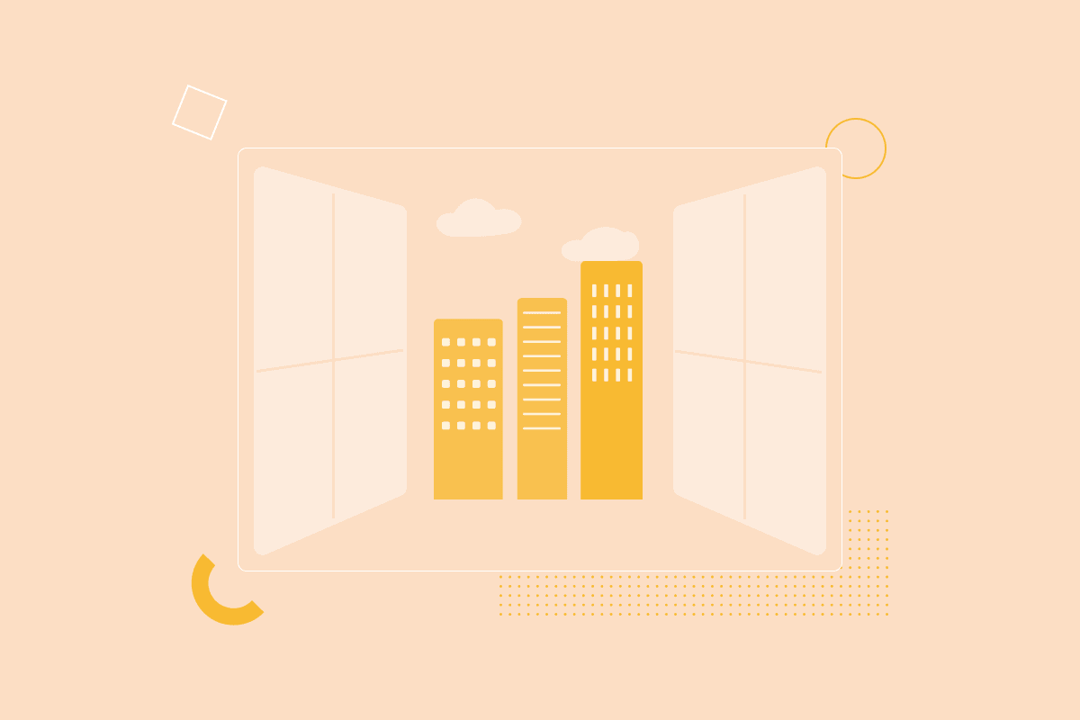 An illustration of a cityscape on a peach-coloured background, with high-rise buildings in a yellow colour. 