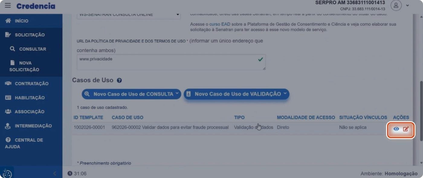 Captura de tela de referência do Credencia para Passo 9 — Conferir, visualizar ou editar o caso cadastrado. Contexto: 41 — Revisão — Solicitação de validação.