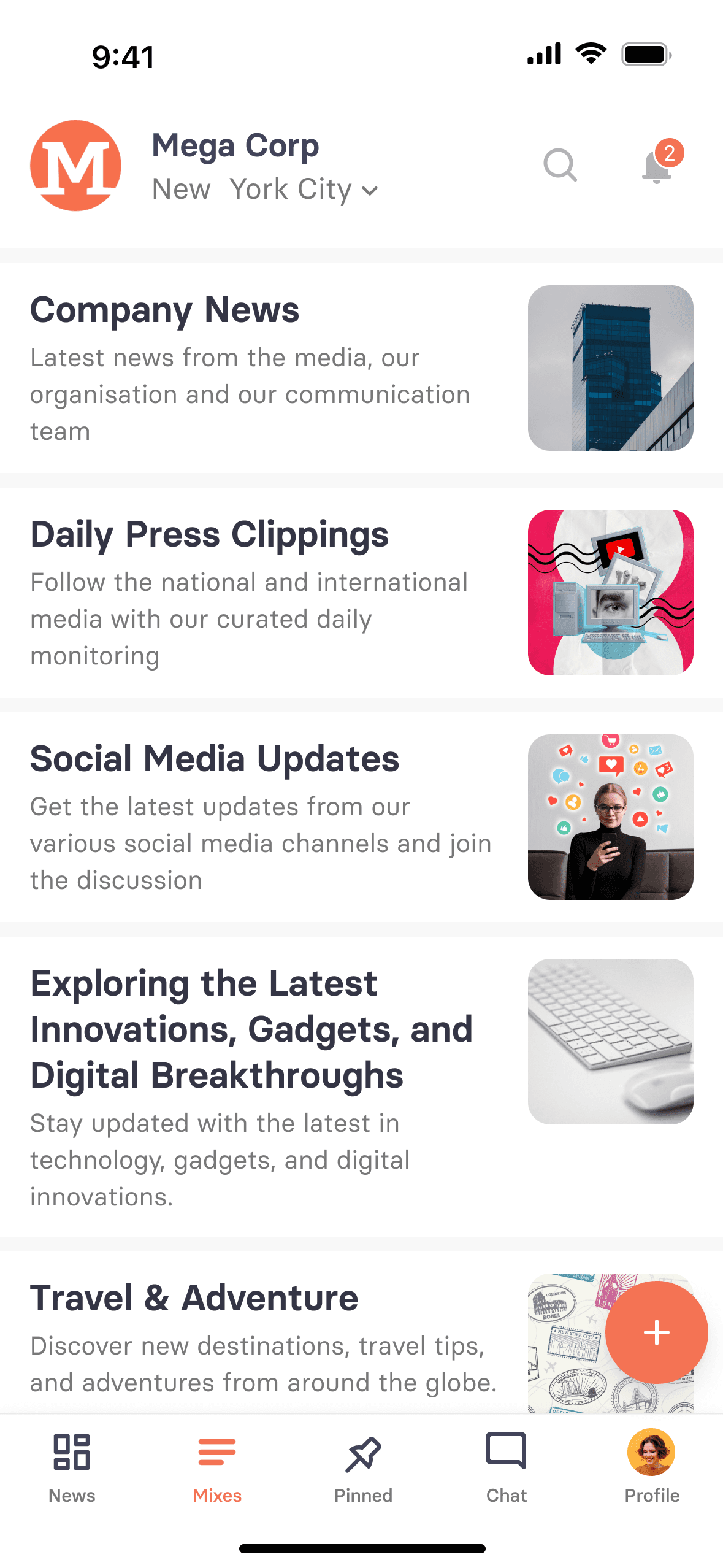 tchop™ mobile app screen showing various news categories, including company updates, press clippings, social media updates, and industry trends, allowing users to stay informed and engaged.