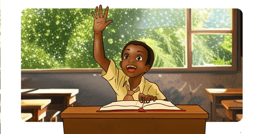 Illustration of boy raising his arm in class