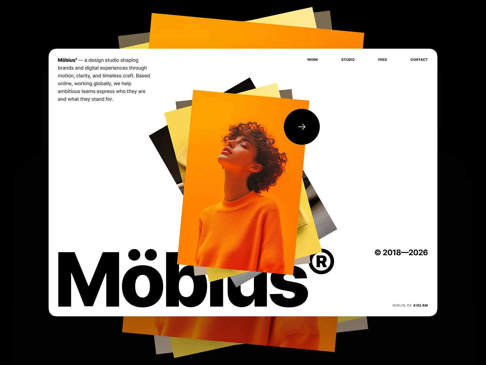 Möbius Framer agency template with a bold editorial layout and layered orange imagery