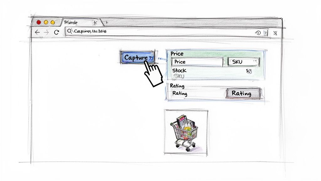Sketch of a browser window showing a mouse clicking 'Capture' to collect product price, stock, and SKU data.