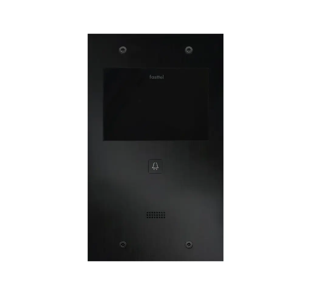 Black smart home device with screen showing time and temp