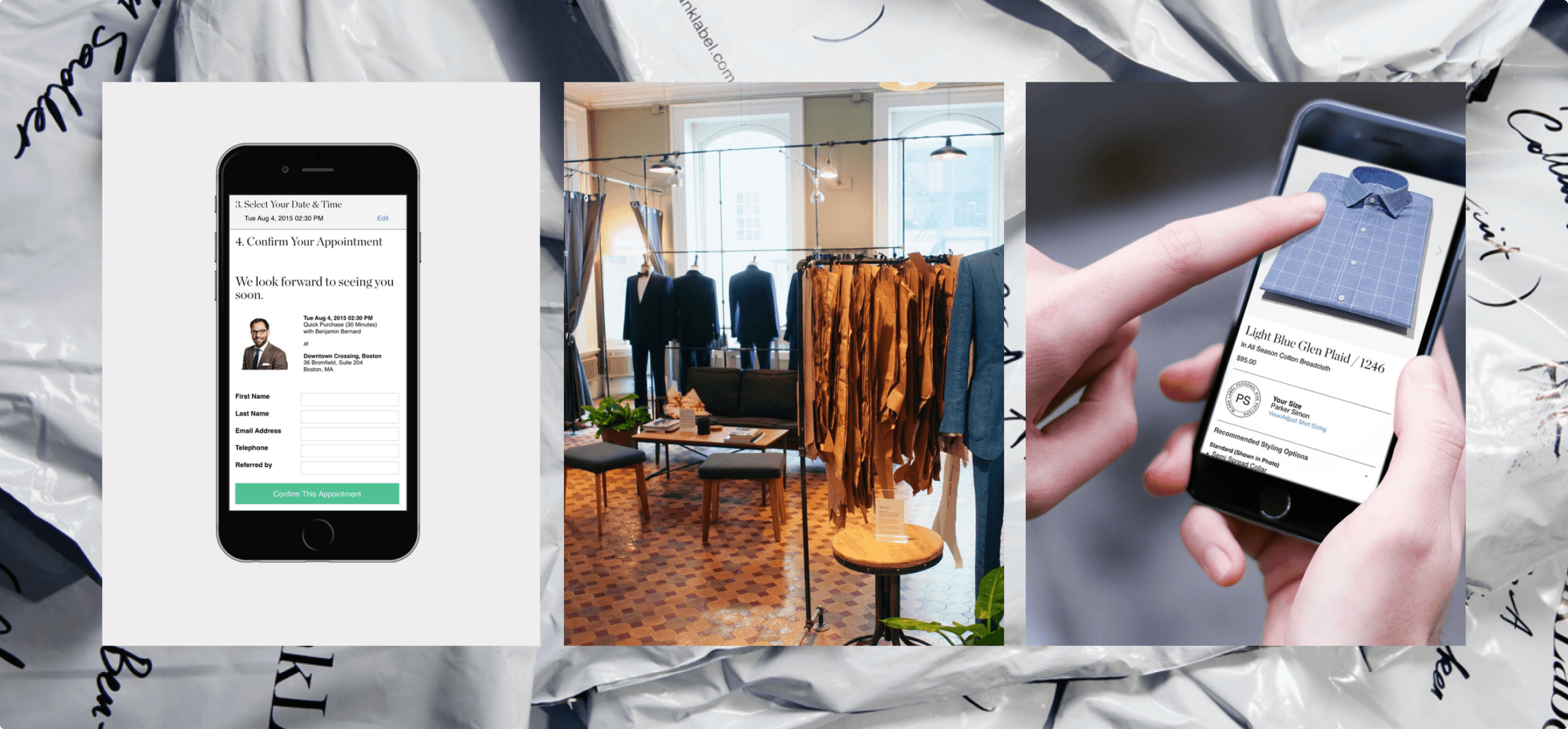 Collage of Blank Label experience including mobile apps and retail.