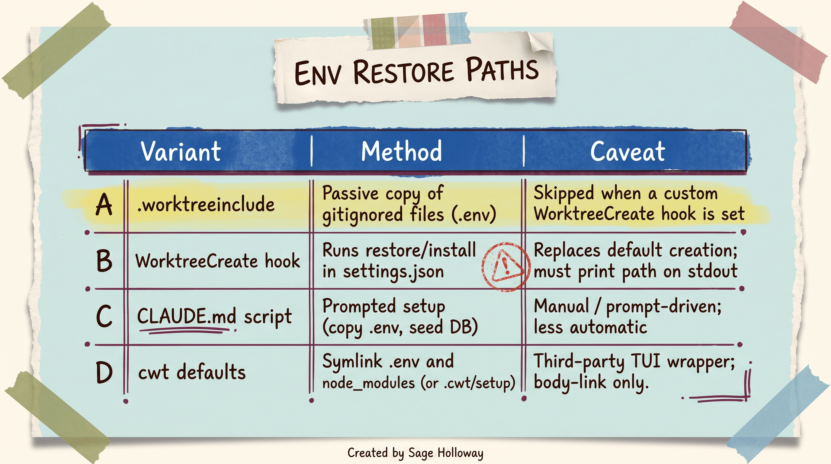 Comparison table of Claude Code worktree environment setup: .worktreeinclude, WorktreeCreate hooks, CLAUDE.md scripts, and cwt