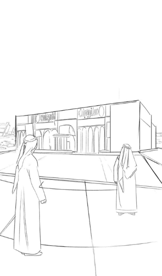 A final wide-angle shot shows the completed storefront with pedestrians looking on