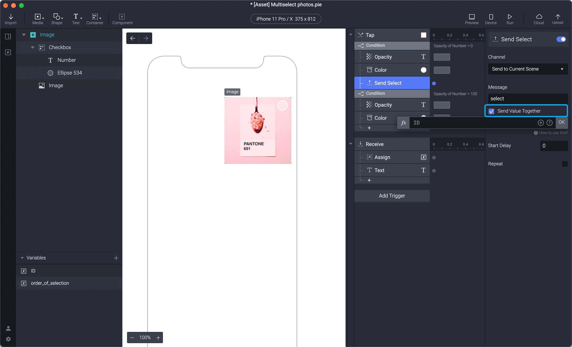Check the Send Value Together box and add the ID variable you created as the function