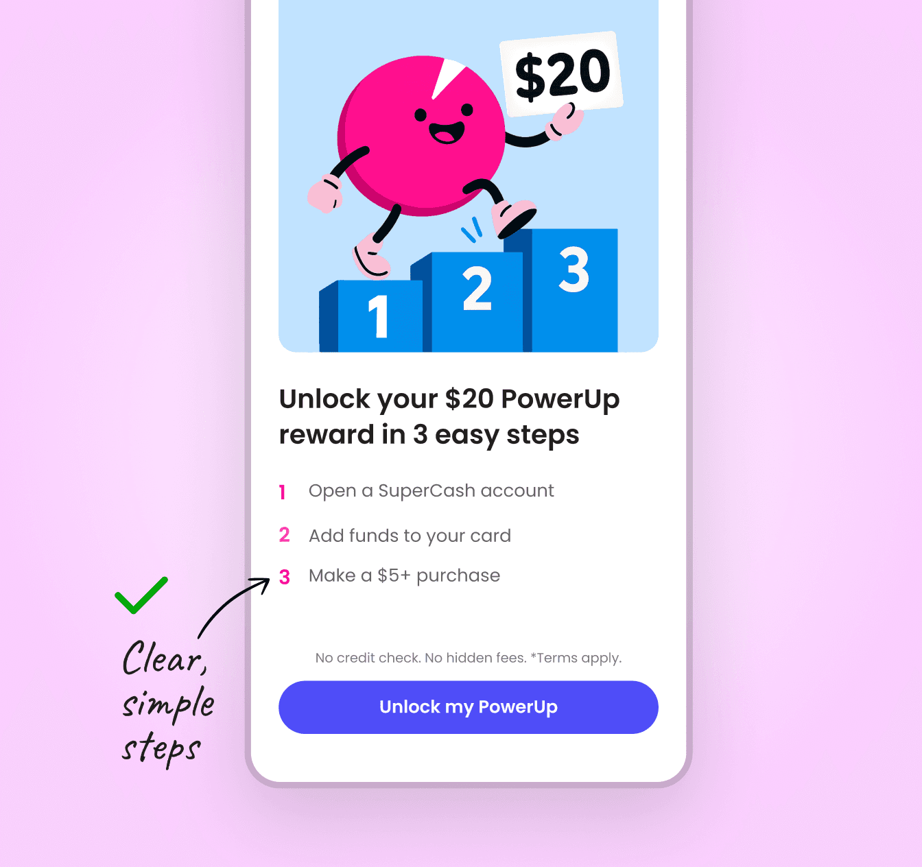 Mobile UI mockup showing Super.com’s PowerUp onboarding screen with a character illustration and 3 simple steps to unlock a $20 reward, used to test user understanding of reward clarity.”