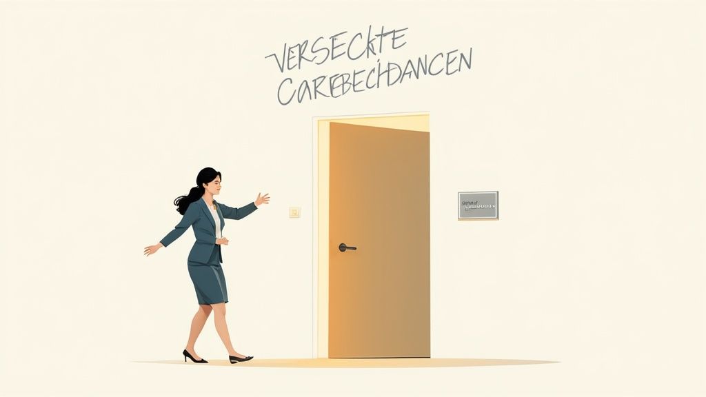 Geschäftsfrau entdeckt versteckte Karrierechancen hinter einer geöffneten Tür, symbolisiert neue berufliche Wege.