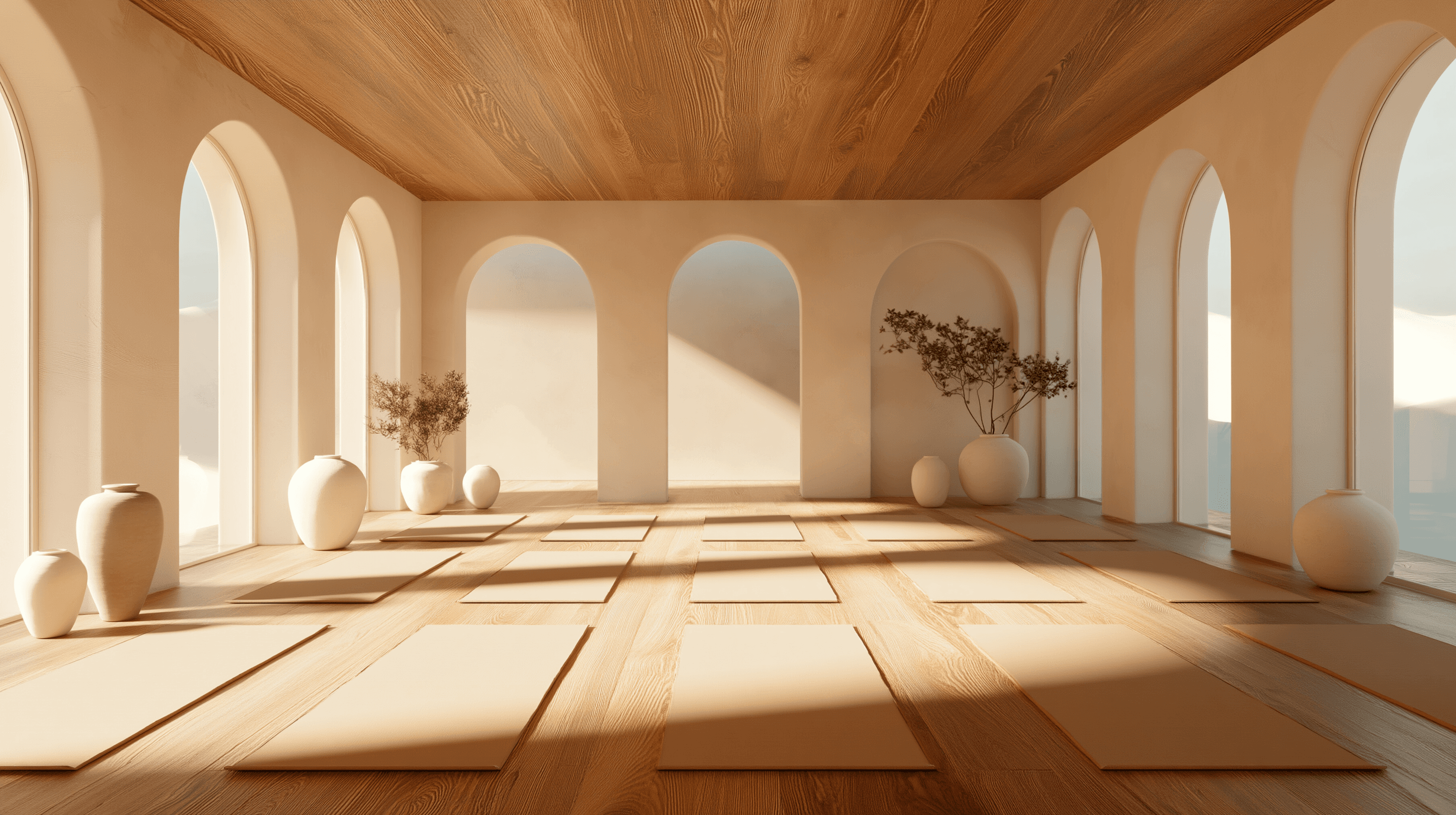 Yoga studio with bright golden sunlight