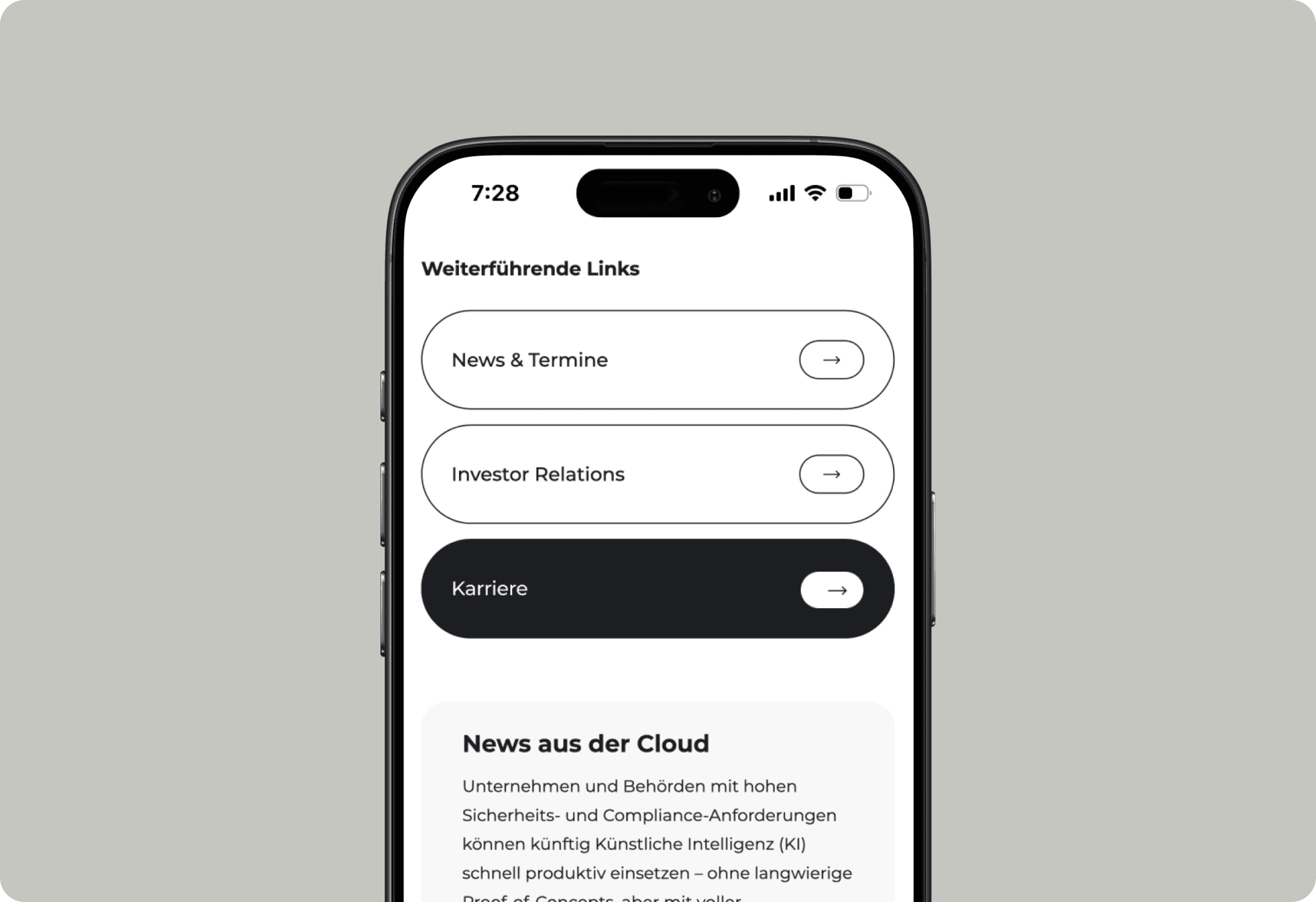 Minimal mobile website screen design for Secunet showing navigation links