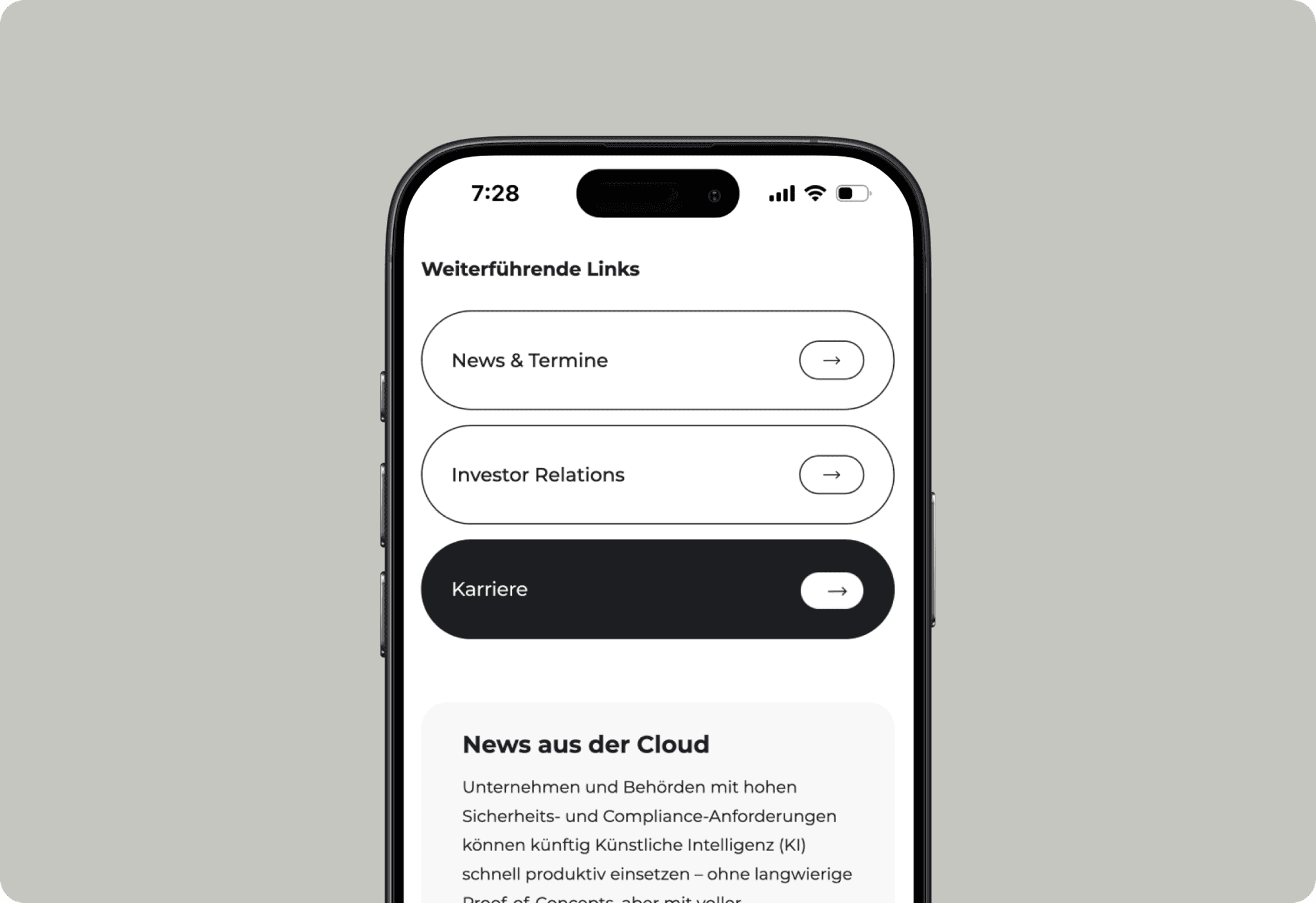 Minimal mobile website screen design for Secunet showing navigation links