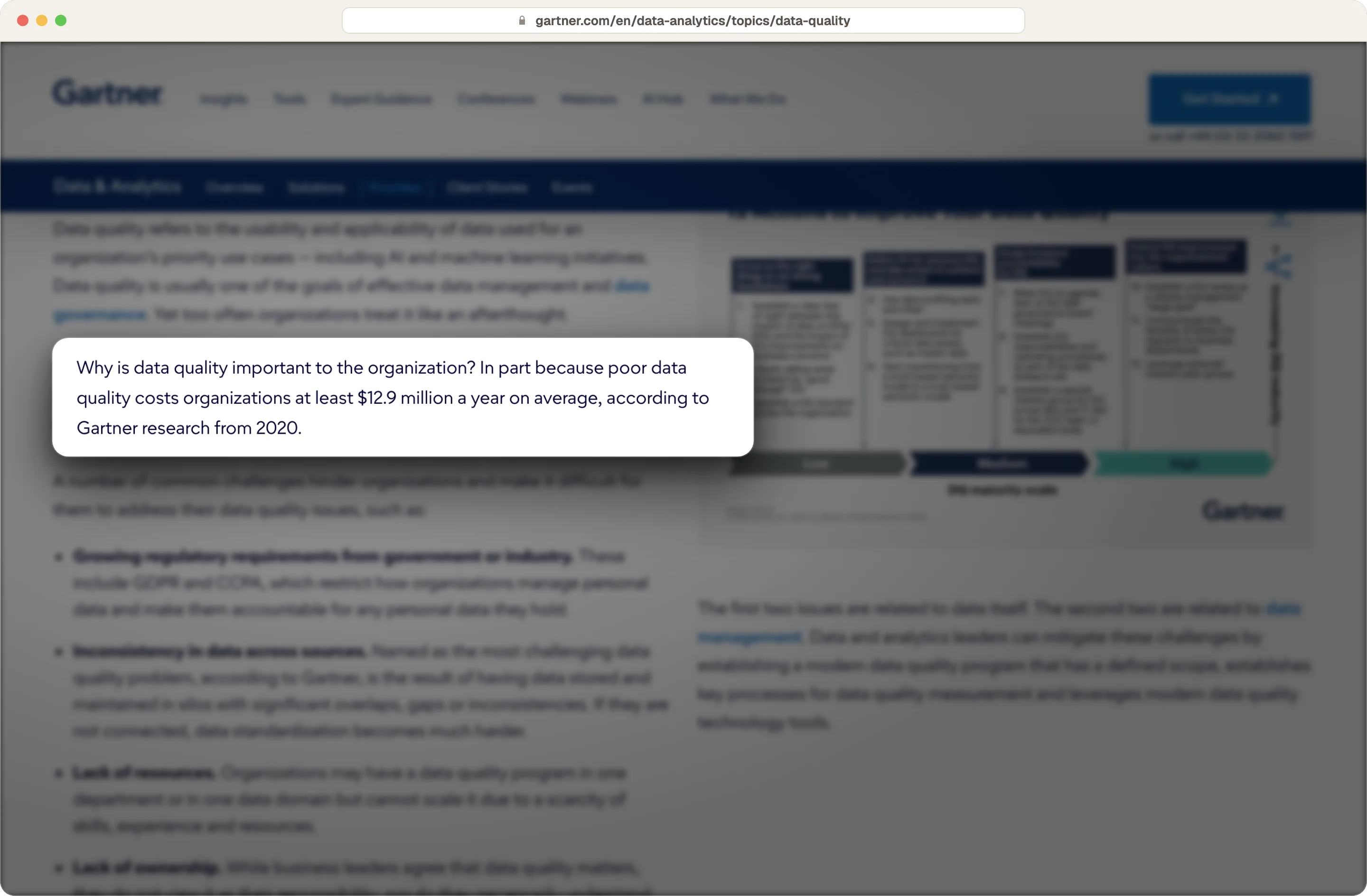 Gartner data quality page stating poor data quality costs organizations at least $12.9 million a year