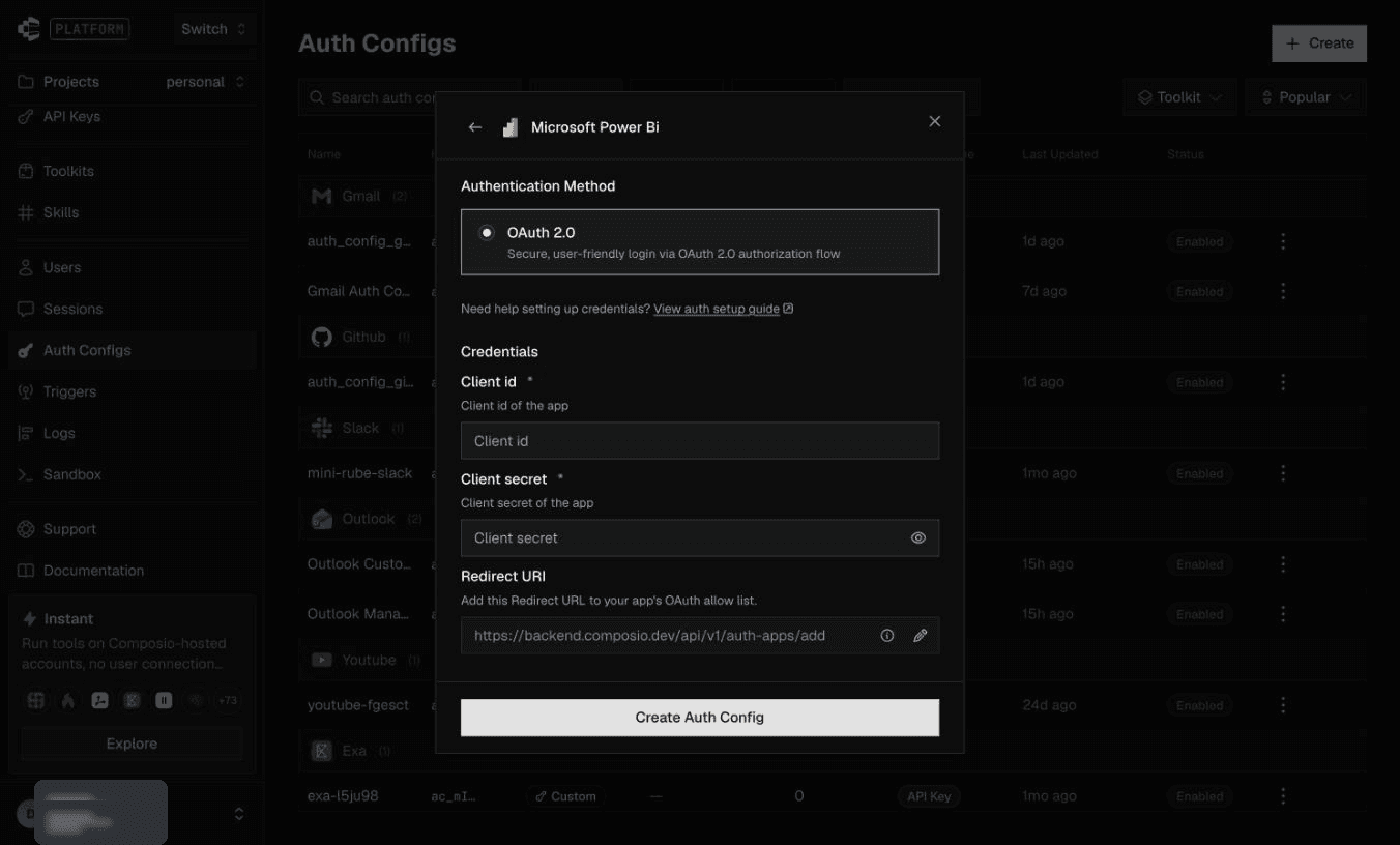 OAuth client credential fields
