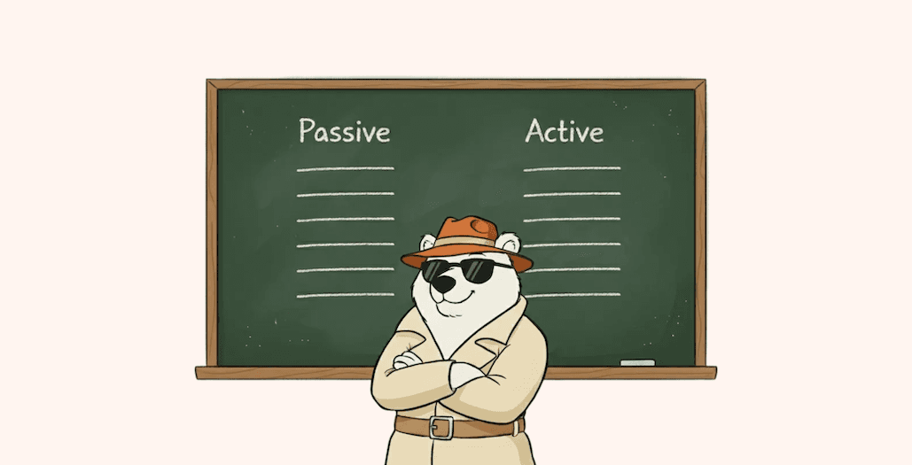 Illustration of a bear standing in front of a chalkboard. The chalkboard has two columns drawn on it: passive and active