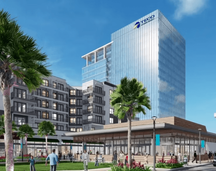 Rendering of Midtown East Office Tower showing modern office building with ground floor retail and landscaping in Westshore District