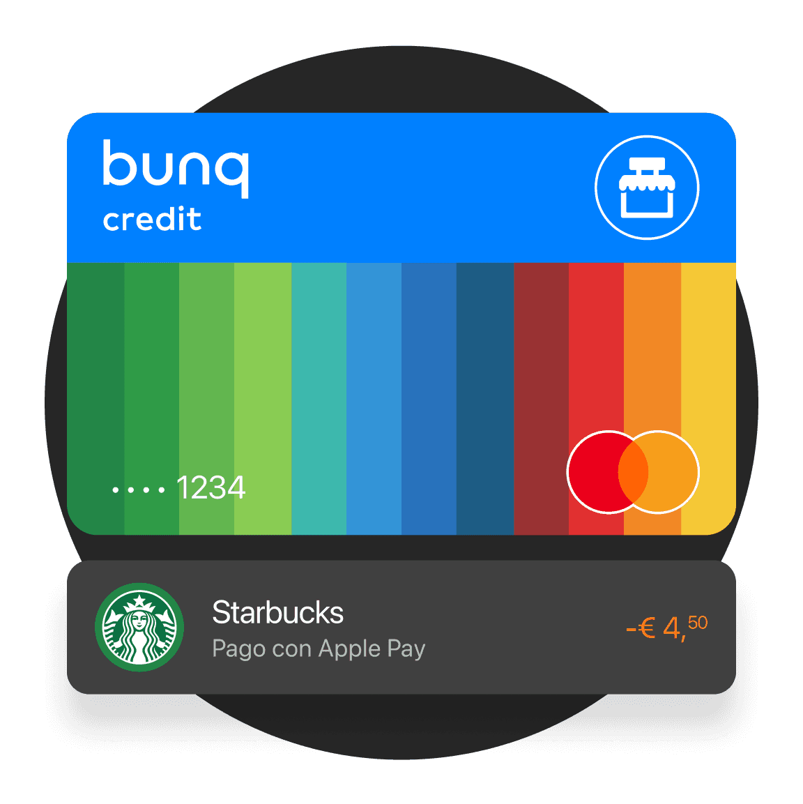 Imagen de una colorida tarjeta bunq, con una sección superior azul y un gradiente de rayas debajo.