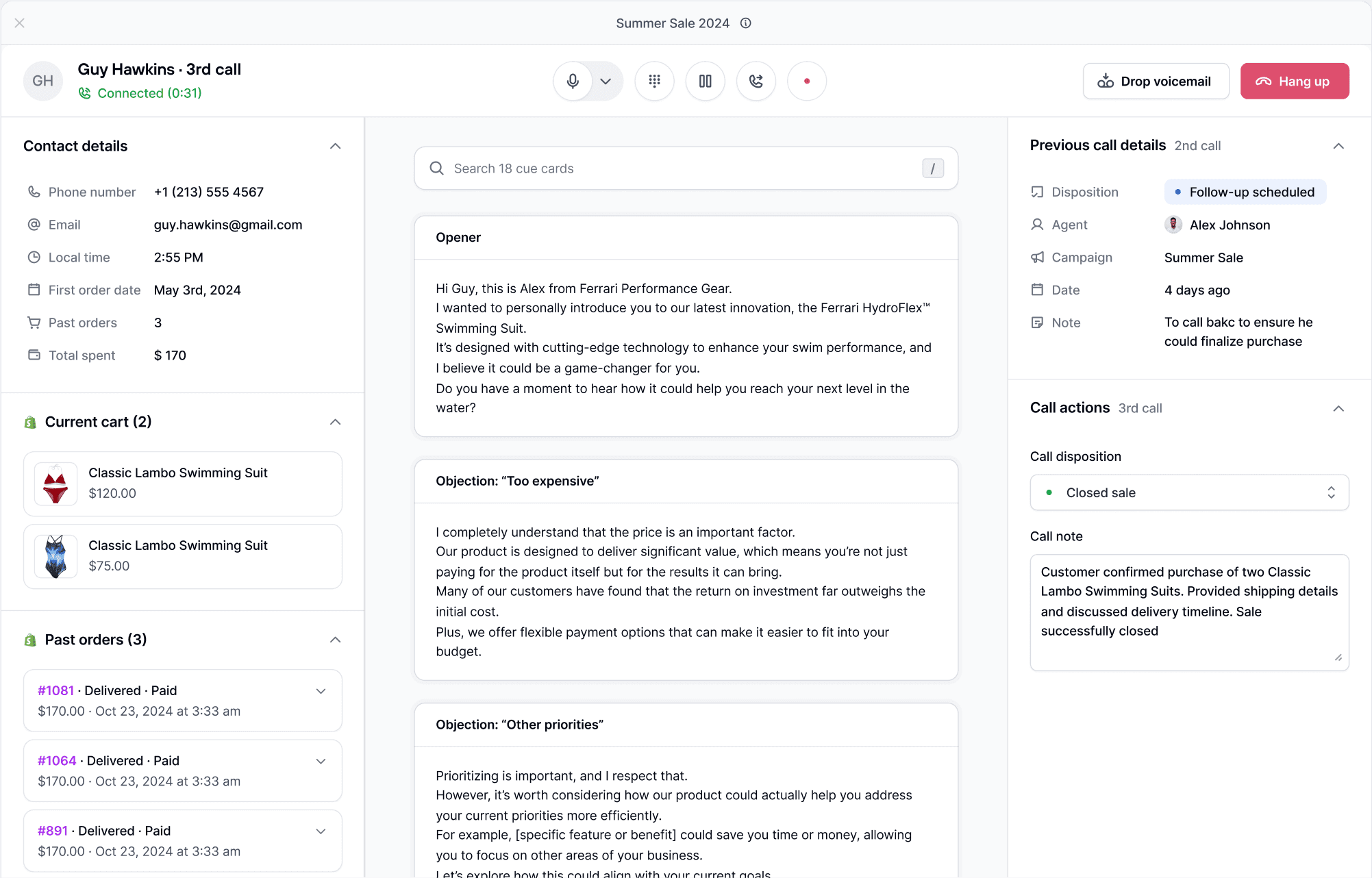 Screenshot displaying Consio’s in-call view, a comprehensive interface designed to support sales agents during calls. The layout includes contact details such as phone number, email, local time, first order date, past orders, and the current cart. The center features AI-generated cue cards with scripts for openers and handling objections like ‘Too expensive’ and ‘Other priorities.’ On the right, previous call details, including disposition, agent, campaign, and notes, are displayed alongside current call actions, such as ‘Closed sale’ and a summary of the call outcome. This view emphasizes efficiency and guidance for agents to close sales effectively.