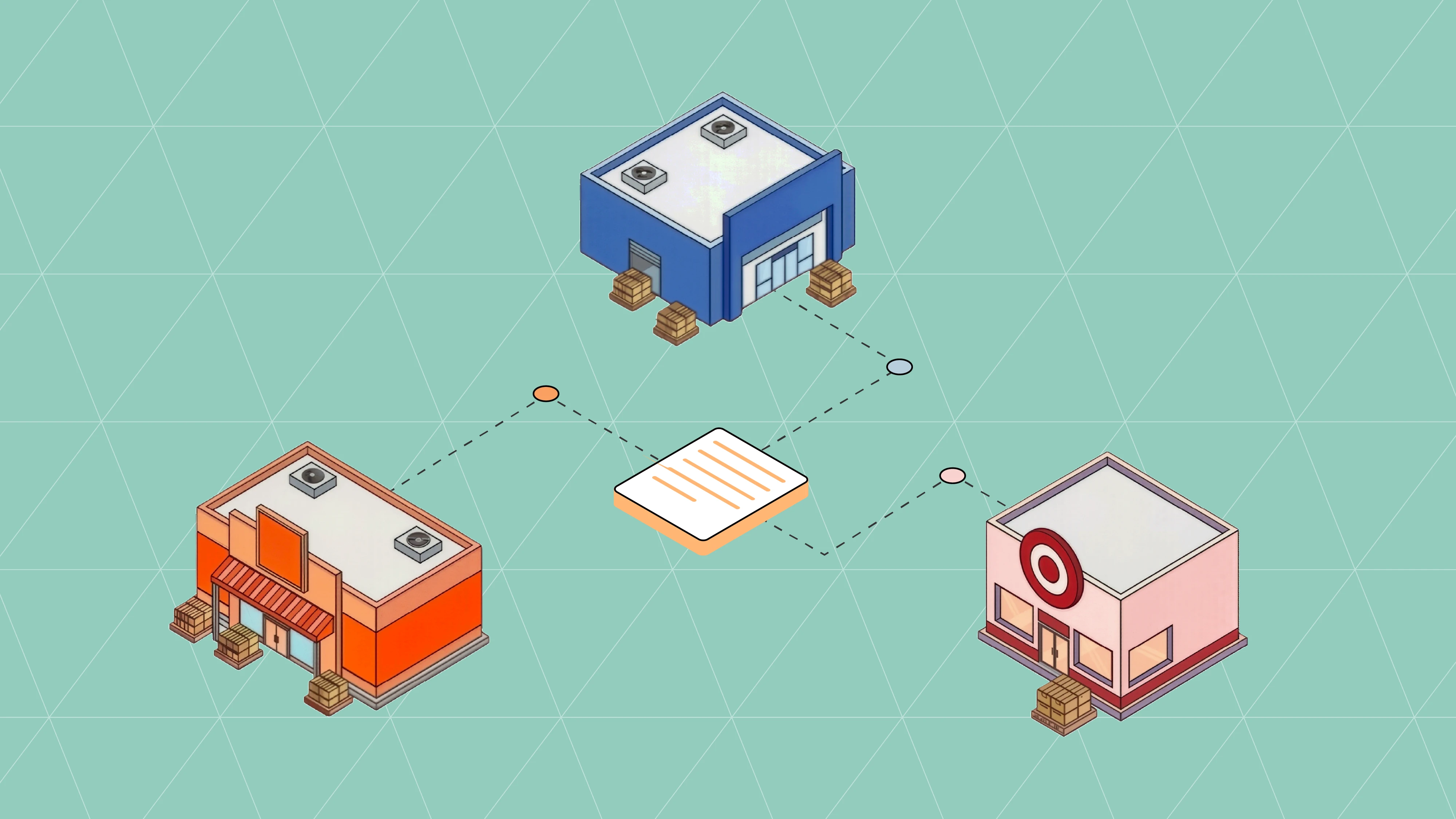 Isometric illustration of a central item catalog document linked by dashed lines to three retail stores on a teal grid.