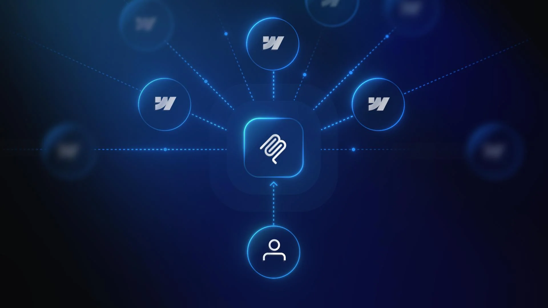 A brief icon at the centre of a glowing network of Webflow and user icons