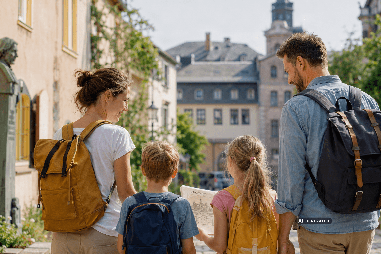 Familie mit Kindern bei einer Stadtführung durch die Weimarer Altstadt (KI-generiertes Bild)