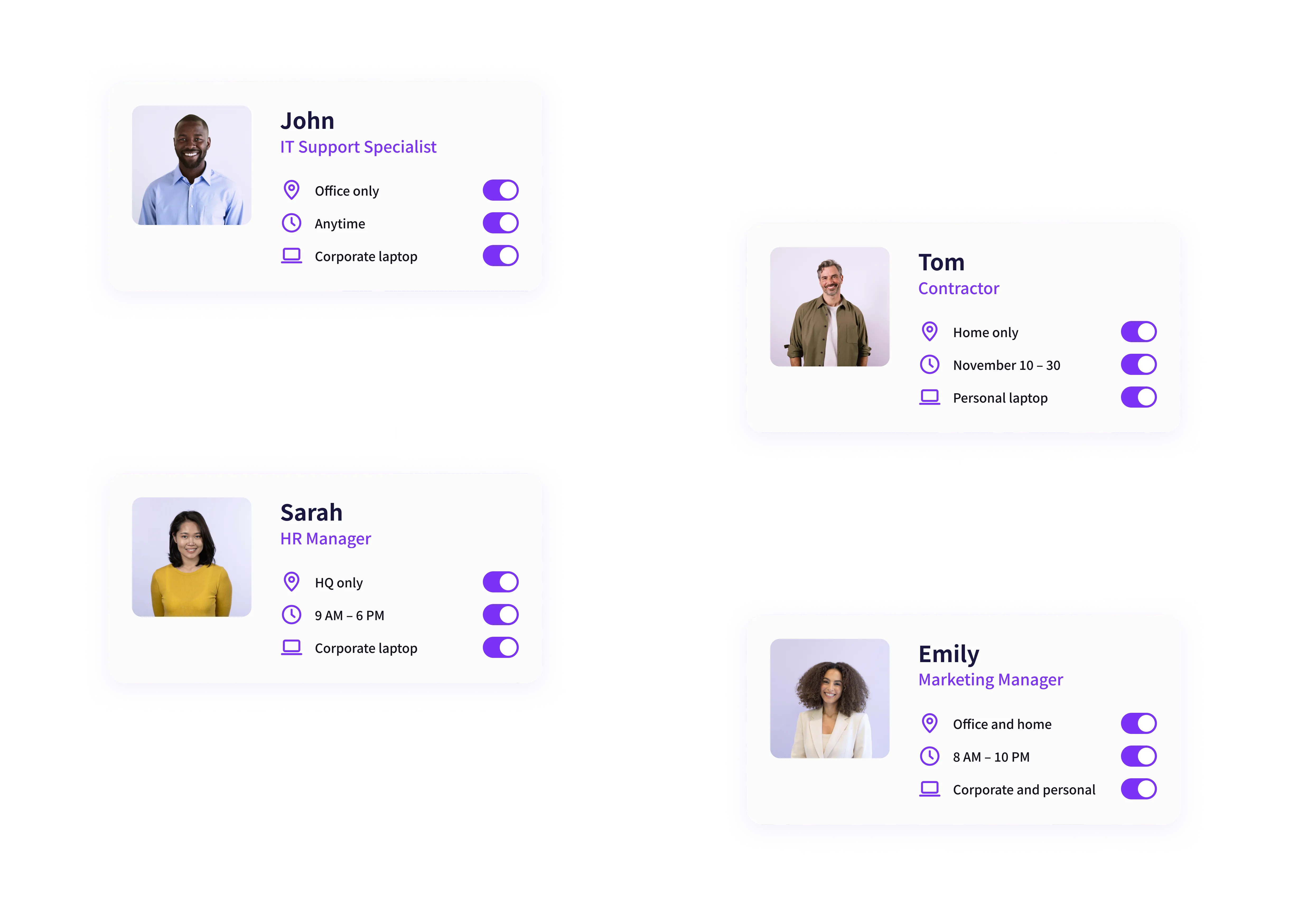 HENNGE conditional access policies for four employees, with location, time and device rules switched on over a map of North America