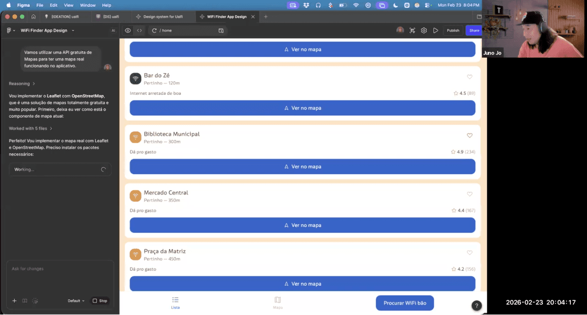 Locais reais de BH com Open Street Map integrado: “Bar do Zé” (Internet arretada de boa), “Mercado Central”, botão “Procurar WiFi bão”.