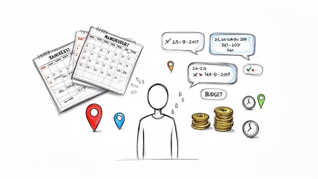 Illustration of a person overwhelmed by travel planning, schedules, budget, and locations.